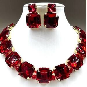 NEW Necklace Earrings Red Rhinestone Jewelry Set 16" 18" 20" Choker Chunky M12